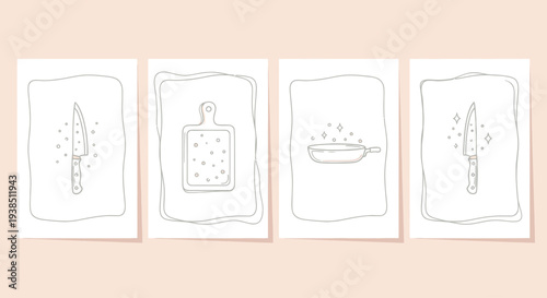 Minimalist Kitchen Art: Knives, Cutting Board, Frying Pan Line Drawings