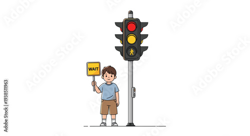 Safety conscious boy holding a yellow wait sign standing next to a traffic light showing red for pedestrian safety.