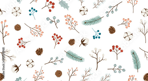 Winter botanical seamless pattern with cotton flowers berries pine cones and evergreen branches on a clean white background.