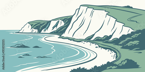 A serene coastal landscape with a winding path along the cliffside Vector