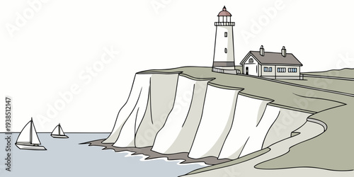 A picturesque lighthouse standing tall on a rugged cliff overlooking the vast ocean. Vector