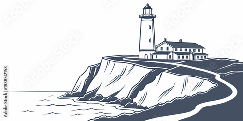 A majestic lighthouse standing tall on a rugged cliff overlooking the vast ocean Vector