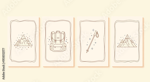 Hand-drawn hiking icons: mountains, backpack, walking stick, adventure concept