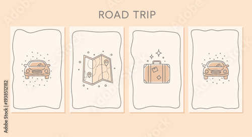 Road Trip Collection: Car, Map, and Luggage Icons on Beige Background
