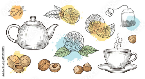 Relaxing tea time collection featuring a teapot cup of steaming tea lemon slices tea bag and nuts with watercolor accents.