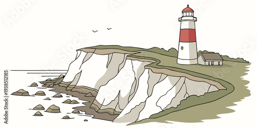 A solitary lighthouse stands tall on a rocky cliff overlooking a stormy sea. Vector