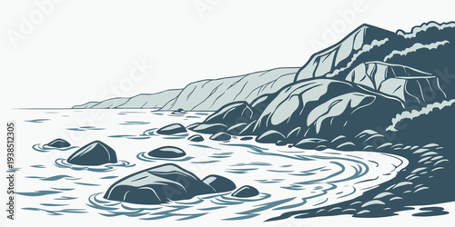 A dramatic seascape with powerful waves crashing against jagged cliffs under a stormy sky Vector