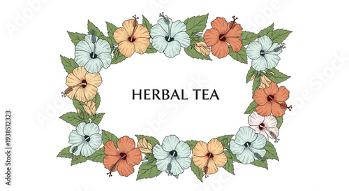 Decorative herbal tea label or frame featuring a rectangular border made of colorful hibiscus flowers and green leaves on white background.