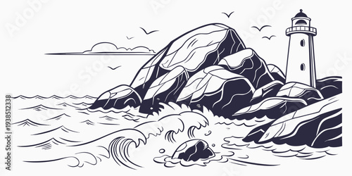 A lighthouse standing tall amidst a stormy sea with crashing waves. Vector