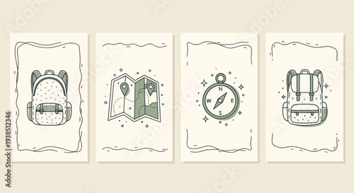 Travel Icons: Backpack, Map, Compass, Backpack - Adventure and Exploration Theme