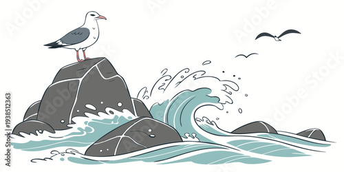 A dramatic scene of waves crashing against a rocky shore with seagulls flying overhead Vector