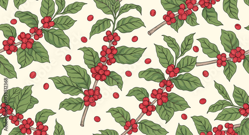 Seamless pattern of coffee plant branches with ripe red coffee berries and green leaves scattered on a light cream background.