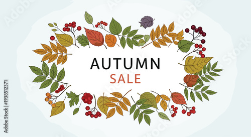 Vibrant autumn sale horizontal banner with a frame composed of various fall leaves and clusters of red berries on a light background.