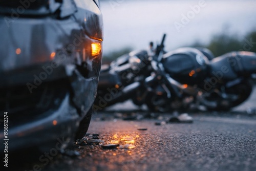 Damaged car bumper and debris with a crashed motorcycle in the background. Serious atmosphere depicting road collision. Suitable for insurance, safety, and legal services content.