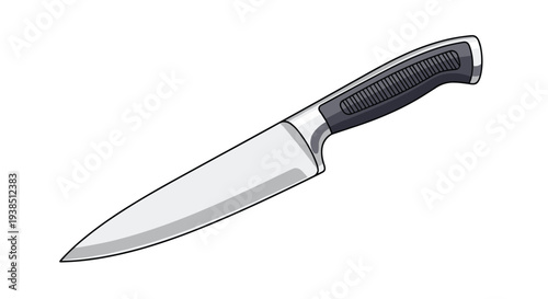 Sharp professional steel chef's knife with a black ergonomic handle isolated on a white background for culinary and kitchen use.