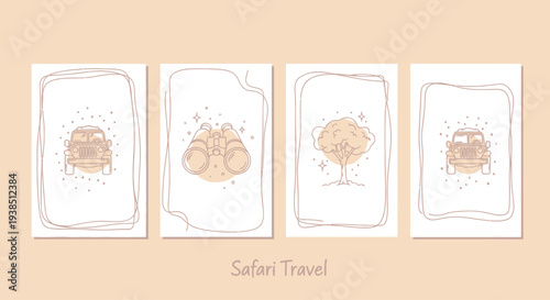 Safari Travel Cards: Vintage Car, Binoculars, Tree - Minimalist Line Art