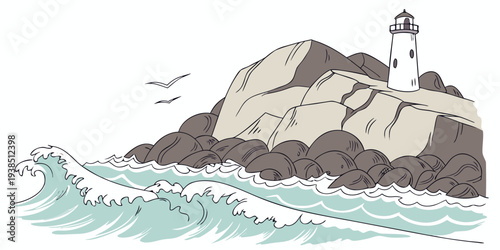 A lighthouse stands tall on a rocky cliff overlooking a stormy sea Vector