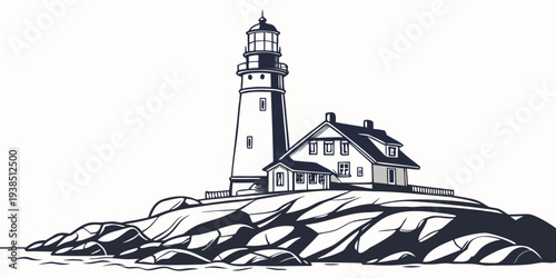 A serene lighthouse standing tall on a rocky cliff overlooking the vast ocean. Vector