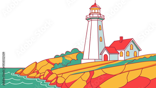 A picturesque lighthouse standing tall on a rocky cliff overlooking the vast ocean. Vector
