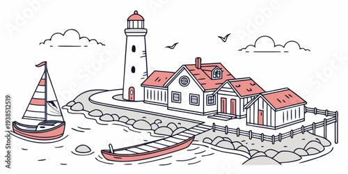 A picturesque coastal town with a lighthouse overlooking the harbor and ships sailing in the distance. Vector