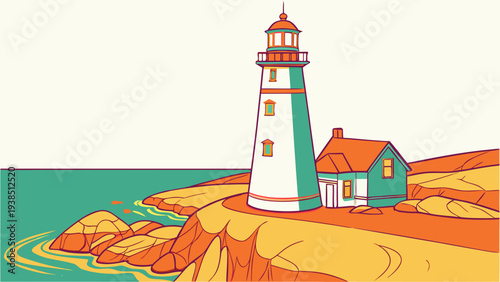 A picturesque lighthouse standing tall on a cliff overlooking a serene ocean. Vector