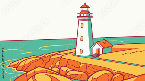 A picturesque lighthouse standing tall on a rocky shore with a vibrant sunset in the background Vector