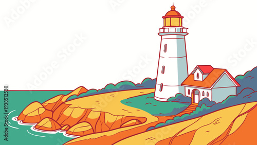 A picturesque lighthouse standing tall on a rocky cliff overlooking the ocean. Vector