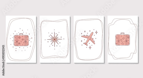 Travel Icons: Luggage, Airplane, Compass Rose - Pink Pastel Collection