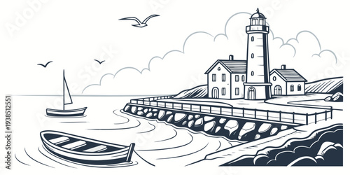 A serene seaside town with a lighthouse and boats sailing in the distance. Vector
