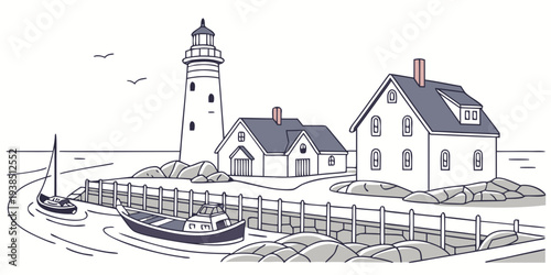 A picturesque coastal scene featuring a lighthouse, houses, and a serene body of water. Vector