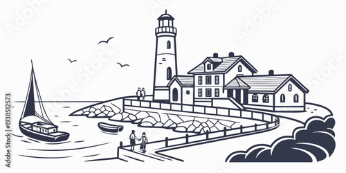 A serene coastal scene with a lighthouse, boats, and a picturesque house Vector