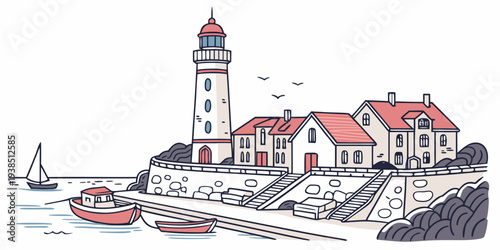 A picturesque coastal town with a lighthouse and sailboat in the foreground Vector