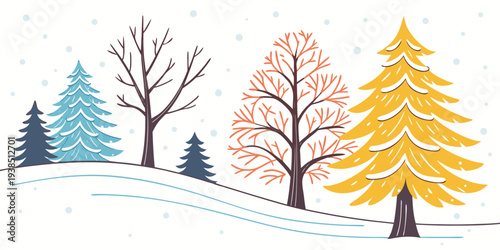 A serene winter landscape with snow-covered trees and a clear sky Vector