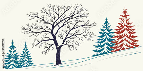 A single tree in the center of a snowy landscape with evergreen trees on the side. Vector
