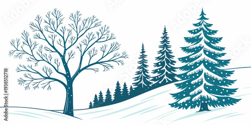 A serene winter landscape with snow-covered trees and a clear blue sky. Vector