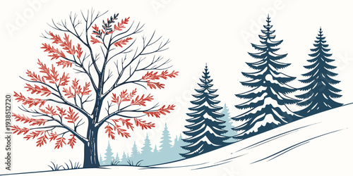 A serene winter landscape with snow-covered trees and a clear blue sky Vector