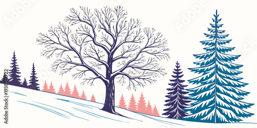 Winter scene with snow-covered trees and a peaceful atmosphere Vector