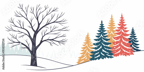 A stark winter tree stands alone against a backdrop of colorful autumn trees. Vector