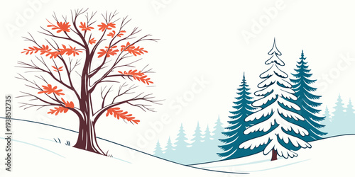 A serene winter scene featuring a snow-covered tree and a mountain with a snowy peak Vector