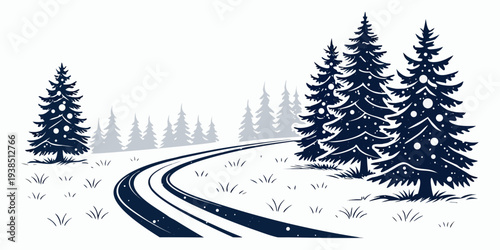 A serene winter scene with a winding road surrounded by snow-covered trees. Vector