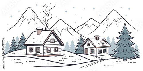 A charming house nestled in the mountains with a picturesque view of snow-capped peaks Vector