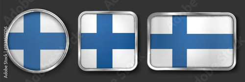 FINLAND Metallic Flag Collection, Circular, Square and Rectangular FINLAND Flag Badges Set