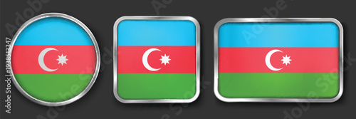AZERBAIJAN Metallic Flag Collection, Circular, Square and Rectangular AZERBAIJAN Flag Badges Set