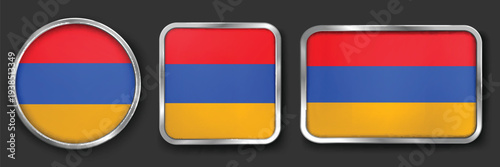 ARMENIA Metallic Flag Collection, Circular, Square and Rectangular ARMENIA Flag Badges Set