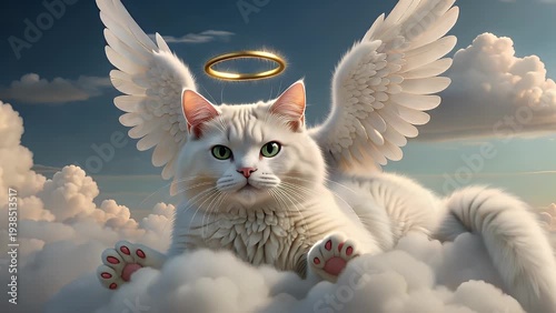 A Feline with Angelic Wings and a Golden Halo Reposing Serenely Upon Fluffy Clouds in a Celestial Realm