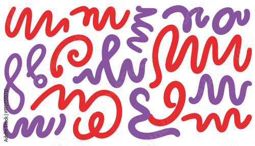 A colorful abstract art piece featuring swirling red and purple cursive script on a white background with no clear meaning or message