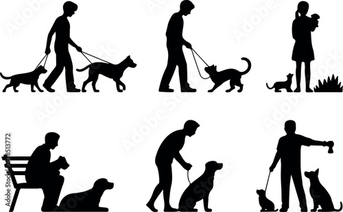 Various pet owner silhouettes showing people walking multiple dogs and holding cats in different park scenes