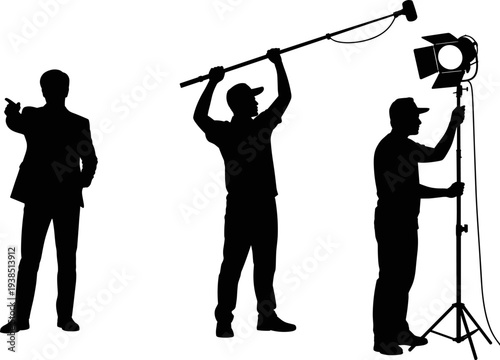 Film director giving instructions, audio crew holding boom microphone, lighting technician adjusting studio light, movie production silhouettes, filmmaking teamwork, cinematography illustration