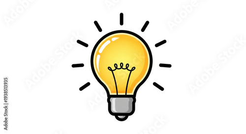 Glowing yellow light bulb with rays on white background, symbolizing idea and inspiration