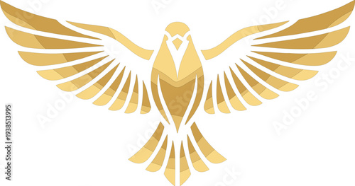 Golden abstract bird emblem with symmetrical wings, geometric feather design, radiant artistic illustration, decorative logo style, modern minimalist vector art, isolated background